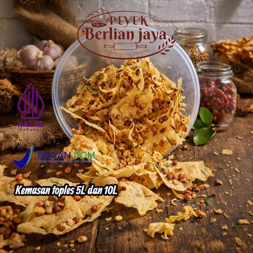 PEYEK BERLIAN JAYA - Peyek Rempeyek Semua Varian (Toples 5L) XL Peyek kacang 1 kg | Peyek Kacang tan