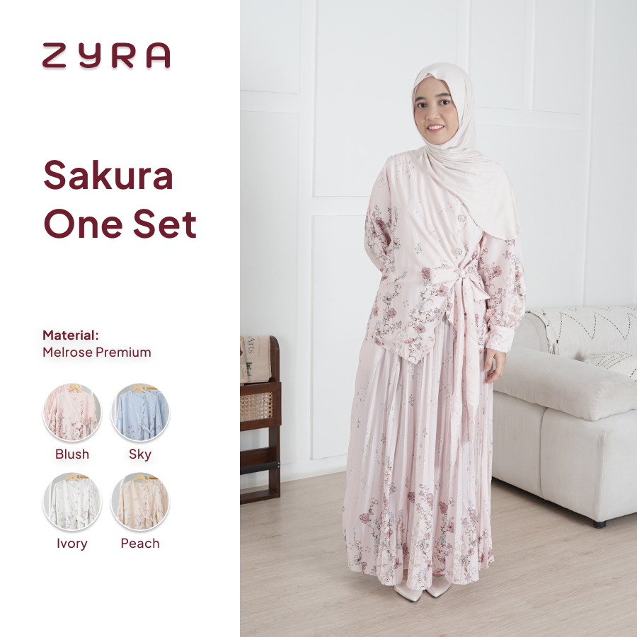 ZYRA Sakura One Set | One Set Rok + Blouse Kimono Rok Plisket Motif Bunga Premium Gamis Yellow Butte