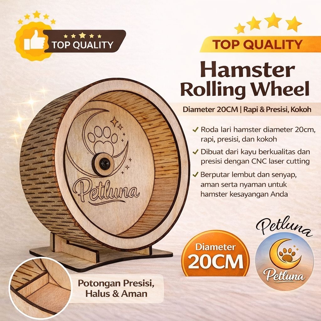20cm Jogging Wheel Hamster Kayu Silent Petluna Kincir Hamster CNC Laser Cutting Tanpa Paku Aman Prem