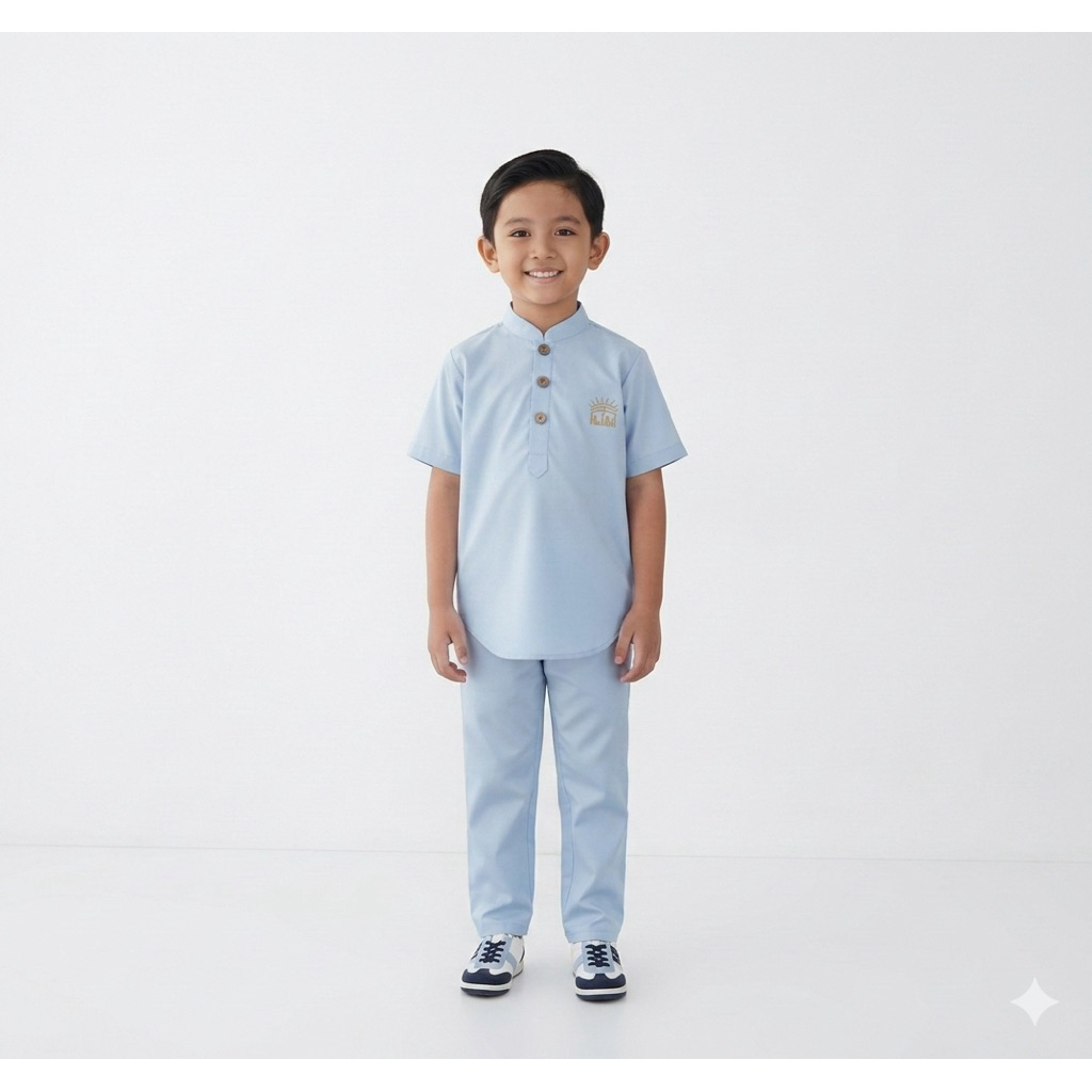 Setelan Baju Koko Kurta Anak Biru Langit Premium Lengan Pendek | Baju Muslim Polos Bordir Saku | Ker