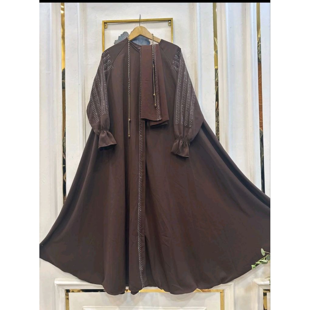 Abaya premium set npasmina resleting full bisa jadi outer jetblack wolpich dubai terbaru kekinian te