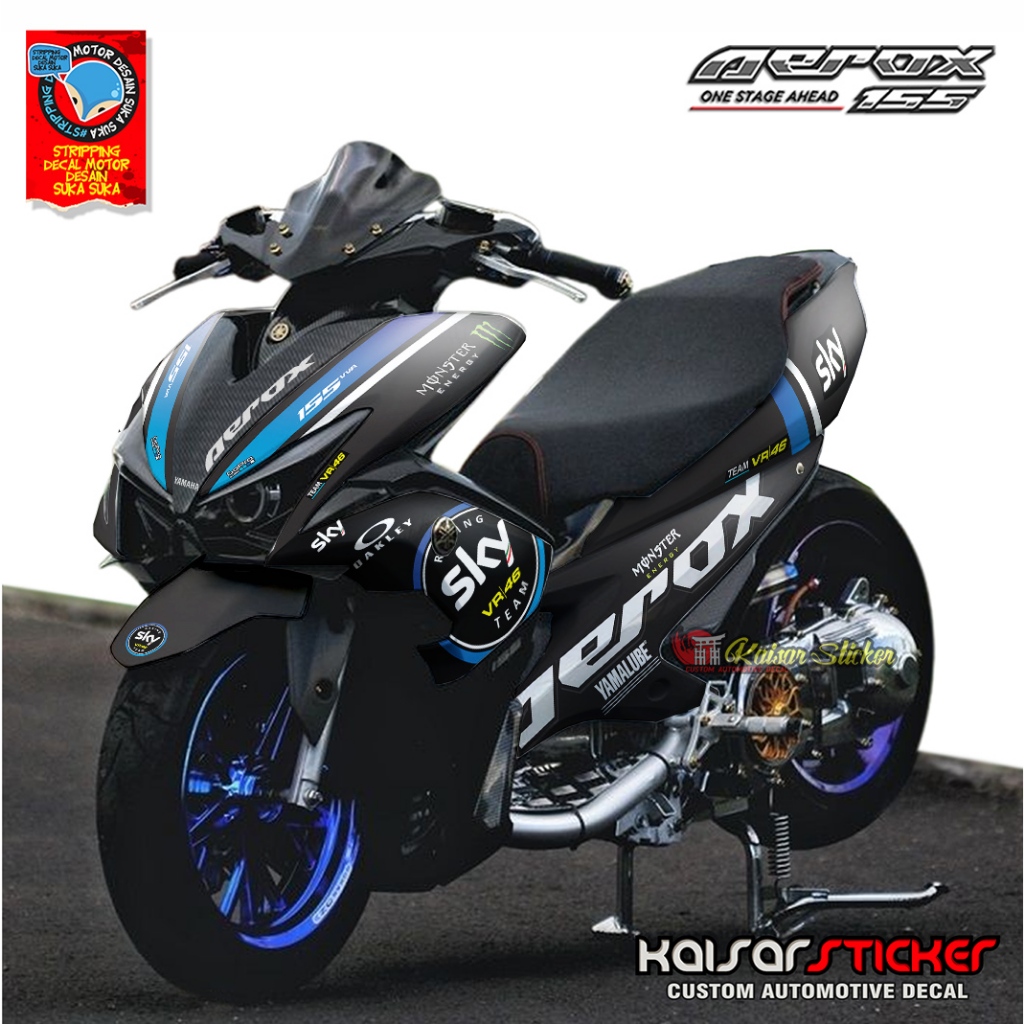 Sticker Striping Motor Stiker Decal Yamaha Aerox 155 Old Motif Design Sky Hitam Biru Keren