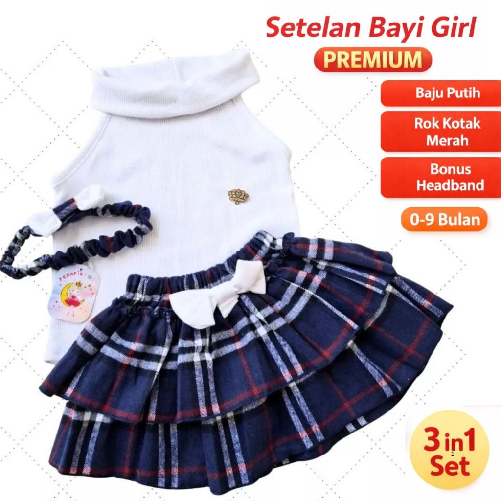 Setelan Rok Bayi Perempuan Kotak Merah + Baju Putih & Headband | Outfit Bayi Lucu 0-9 Bulan HH golde