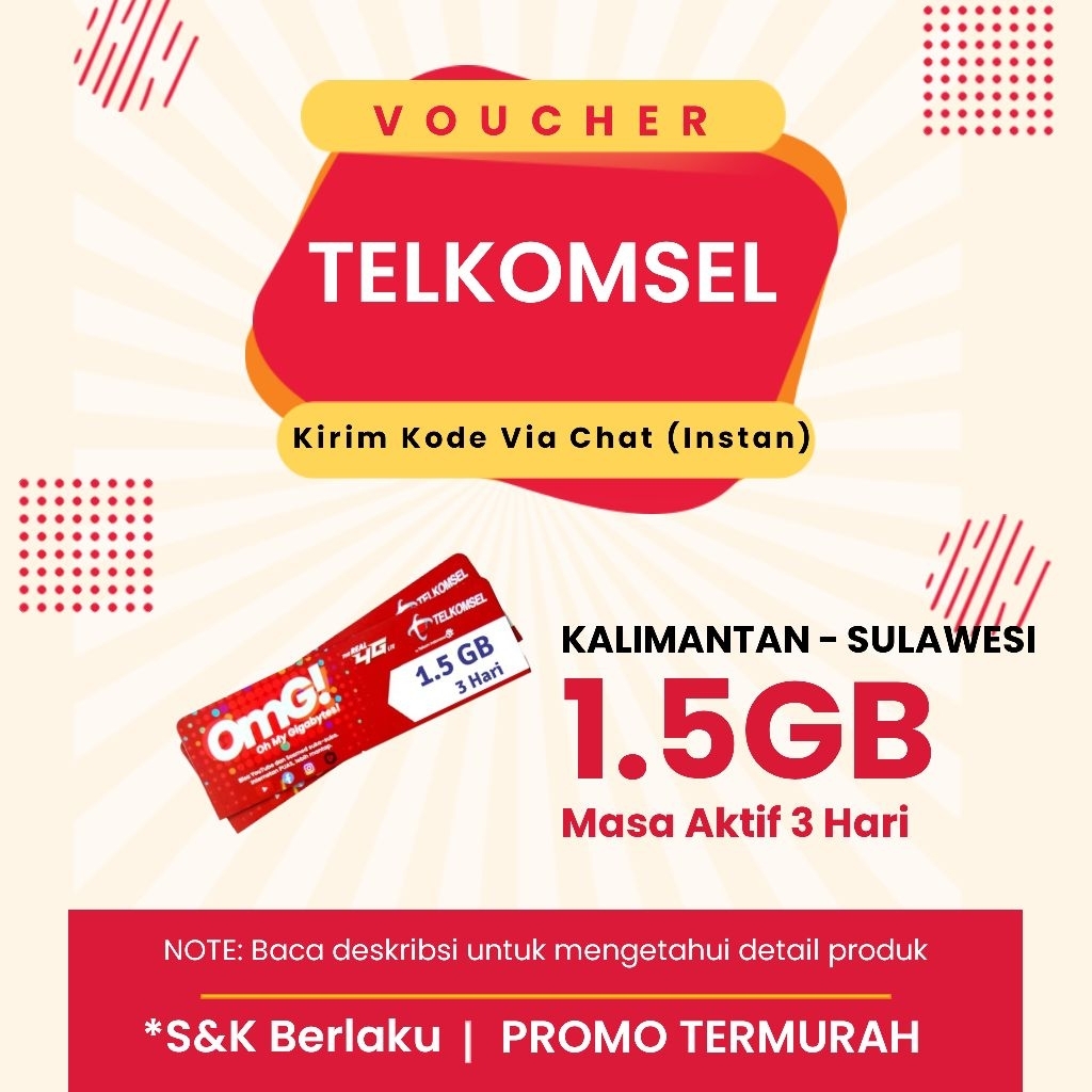 Paket Data Voucher TELKOMSEL 1.5GB 3 Hari KALIMANTAN SULAWESI | Vcr Kuota Internet Tsel 3Hr Makassar
