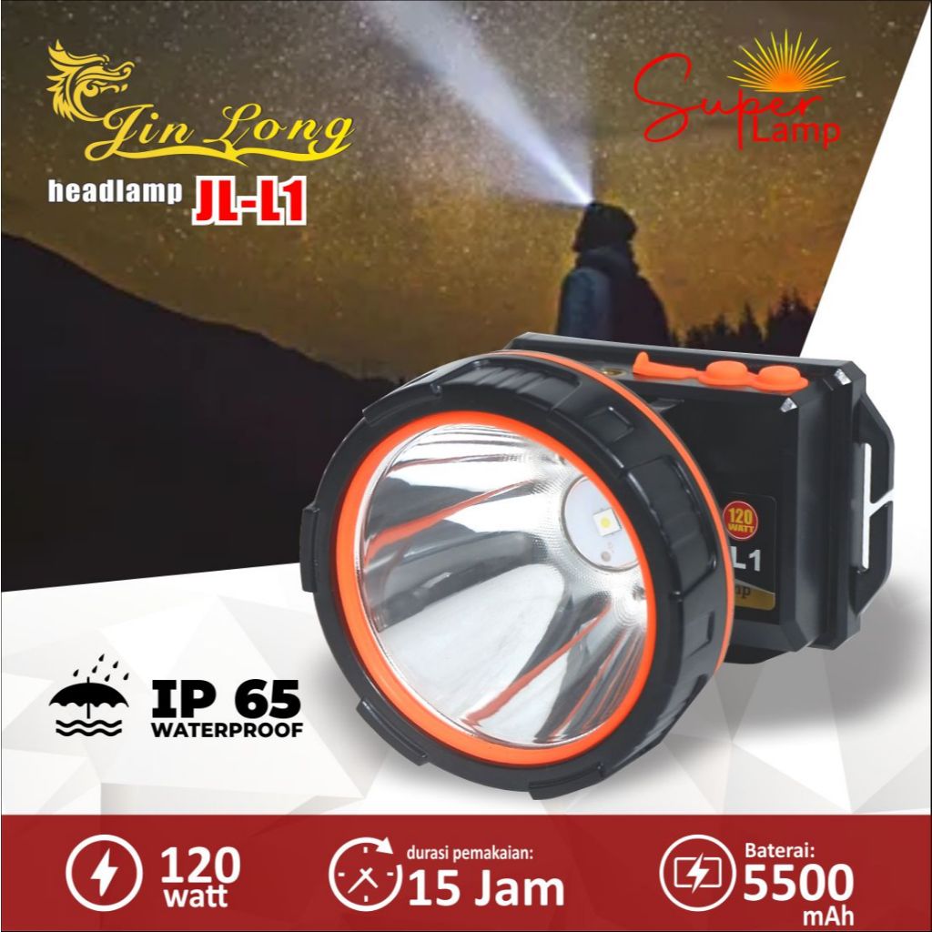 Senter Kepala / Headlamp Jinlong JL L1 LED waterproof / tahan air 120 watt