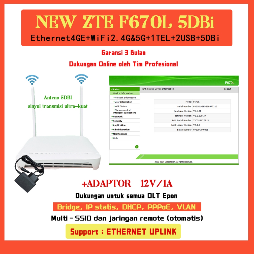 ZTE F670L ONU XPON GPON EPON Dual Band 5G/2.4G | Modem Fiber IndiHome Firstmedia