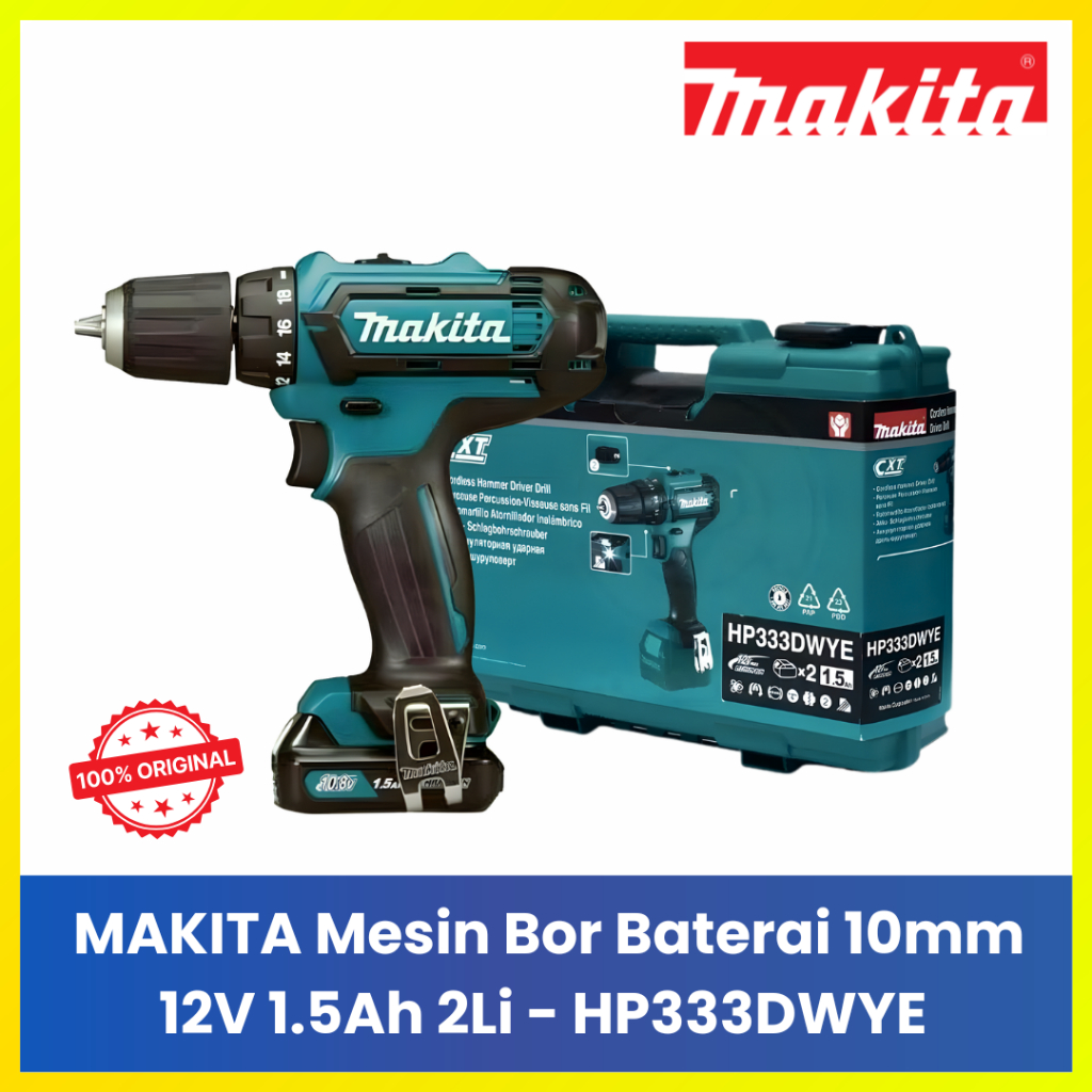 Makita HP333DWYE 12V Max Cordless Hammer Drill - Mesin Bor Cas Makita 2 Baterai