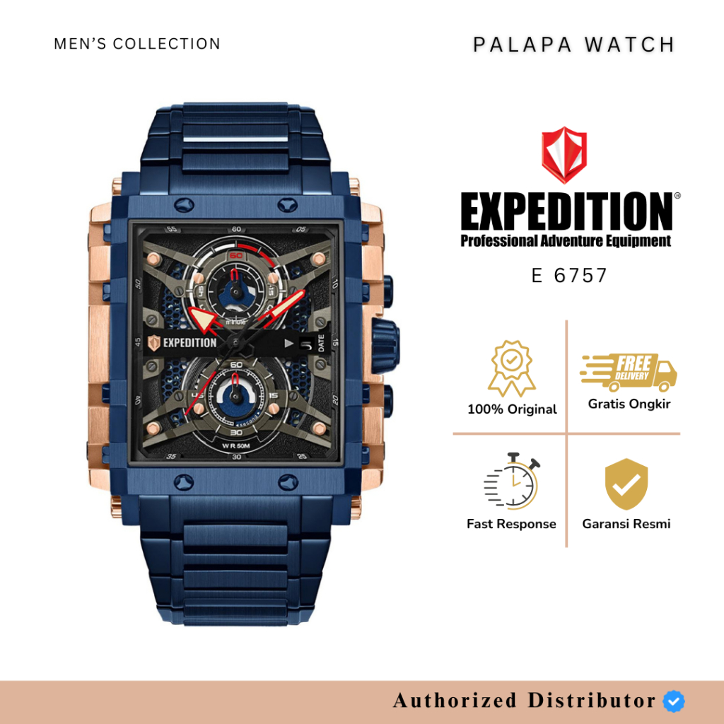 Jam Tangan Pria Expedition EXP 6757 / exp6757 / 6757 Rosegold Blue Rantai Chronograph Original