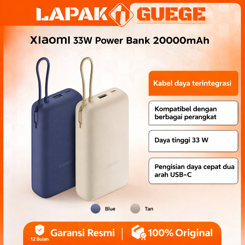Xiaomi 33W PowerBank 20.000 mAh | Kabel daya terintegrasi | Daya tinggi 33 W | Pengisian daya cepat 