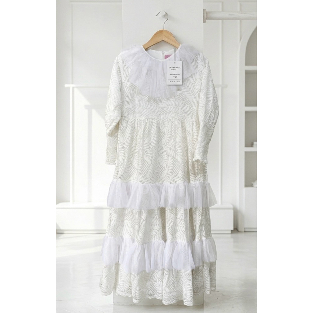 dress kondangan Lebaran cantik broken white preloved