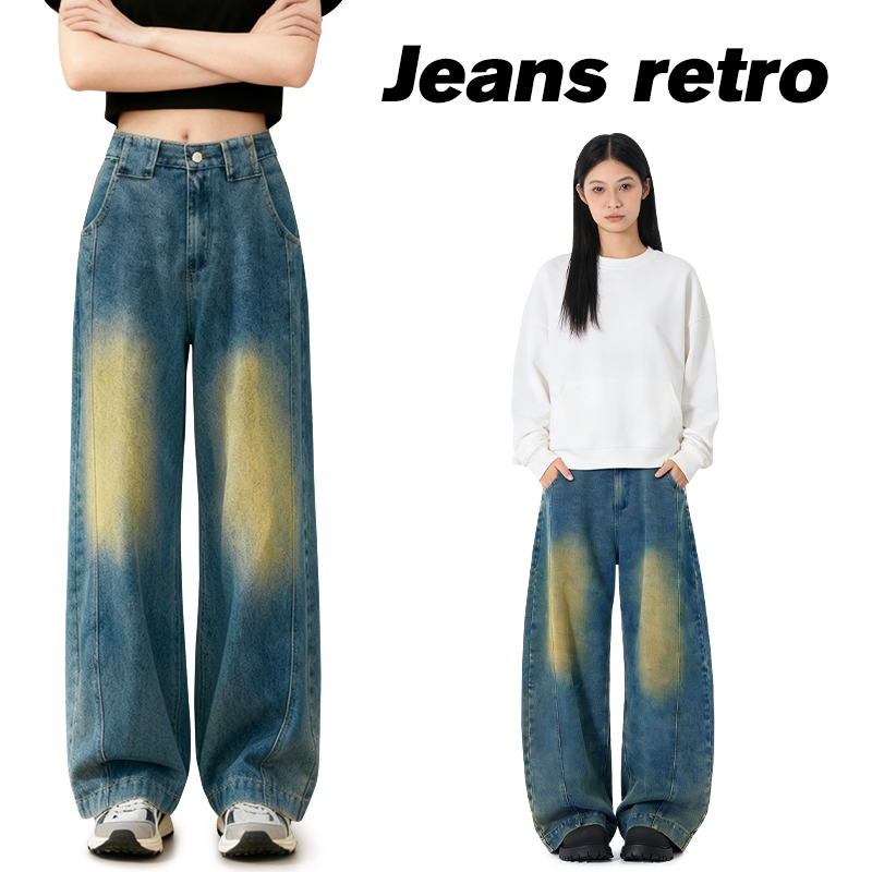 Celana Pedang Melengkung Celana jeans retro wanita, celana jeans longgar, celana jeans lebar