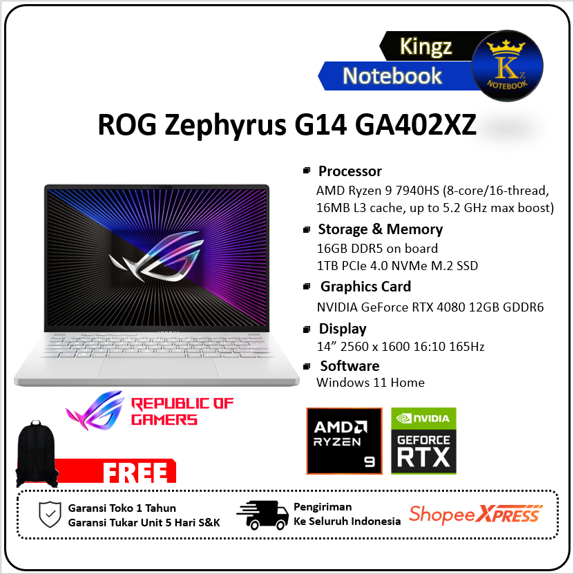 ASUS ROG Zephyrus G14 GA402XZ AnimeMatrix RTX4080 Ryzen 9 7940HS 16GB 1TB SSD Win11 14" WQXGA 120Hz