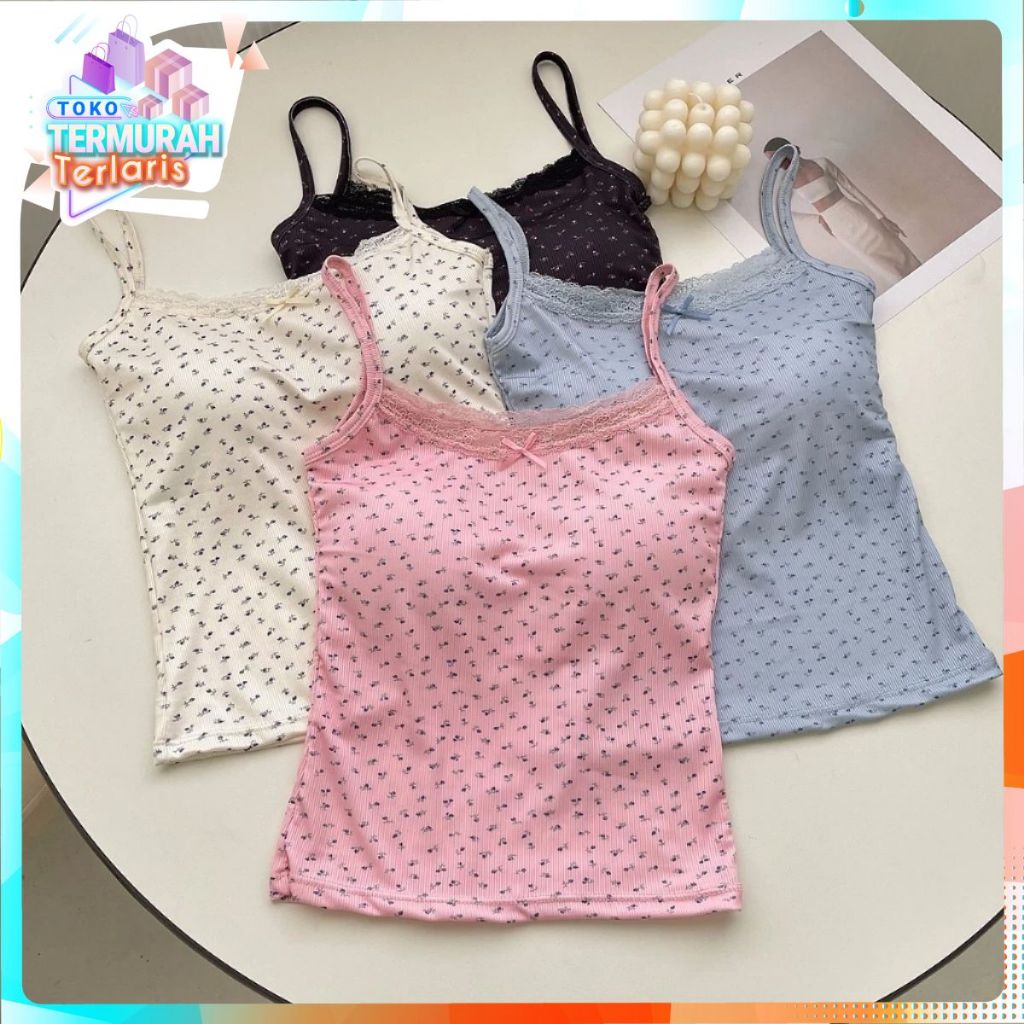 TTT Tanktop Wanita Singlet Motif Bunga Renda 7084 Bra Busa Tali Floral Lace Pita Lucu Atasan Knit Co