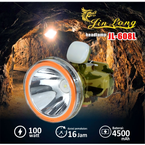 Senter Kepala / Headlamp Jinlong JL 608L + Adaptor waterproof / tahan air 100 watt