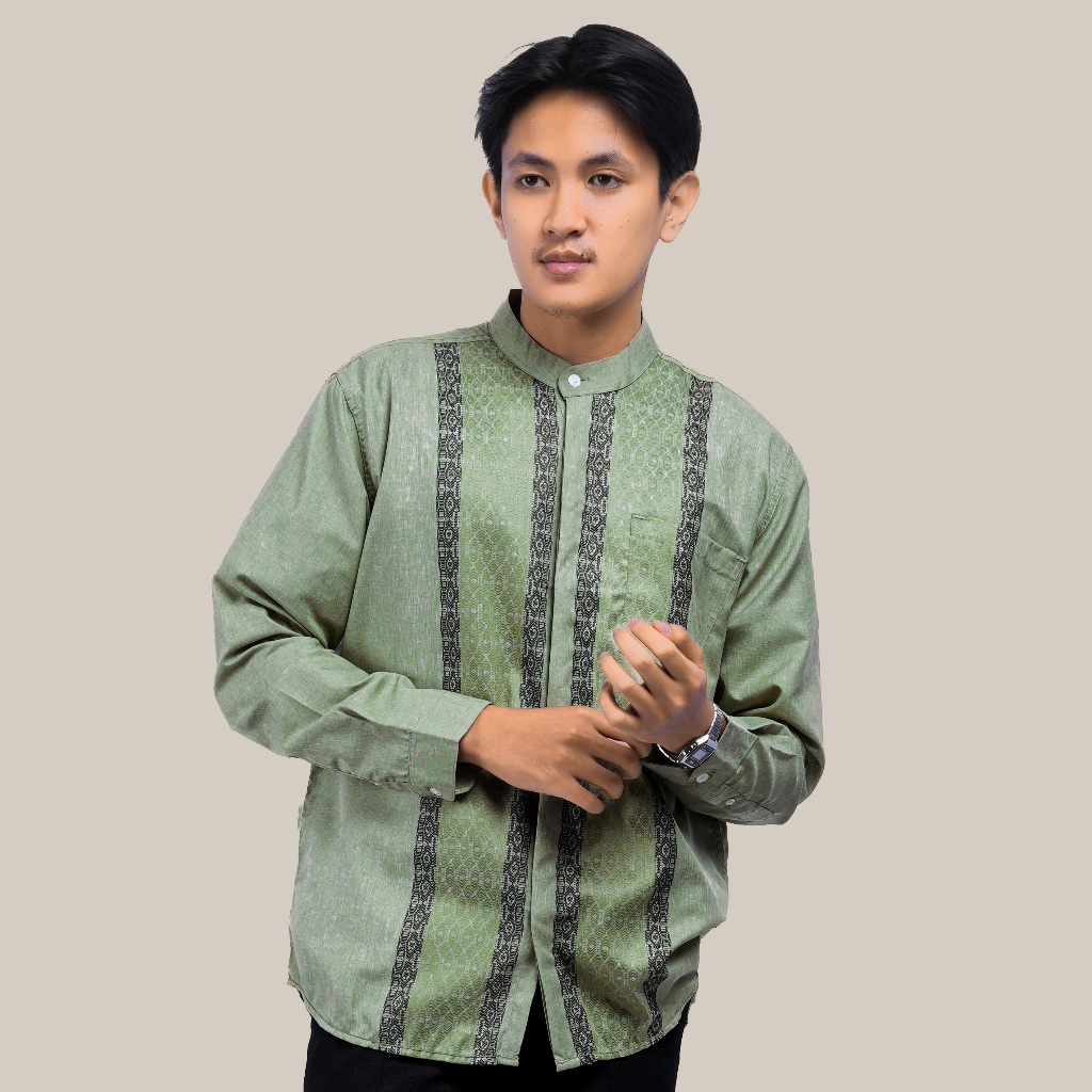 PAKAJI Baju Koko Pria Lengan Panjang Bordir Premium Hijau Sage Bordir Lilit Nusantara Baju Koko Sage