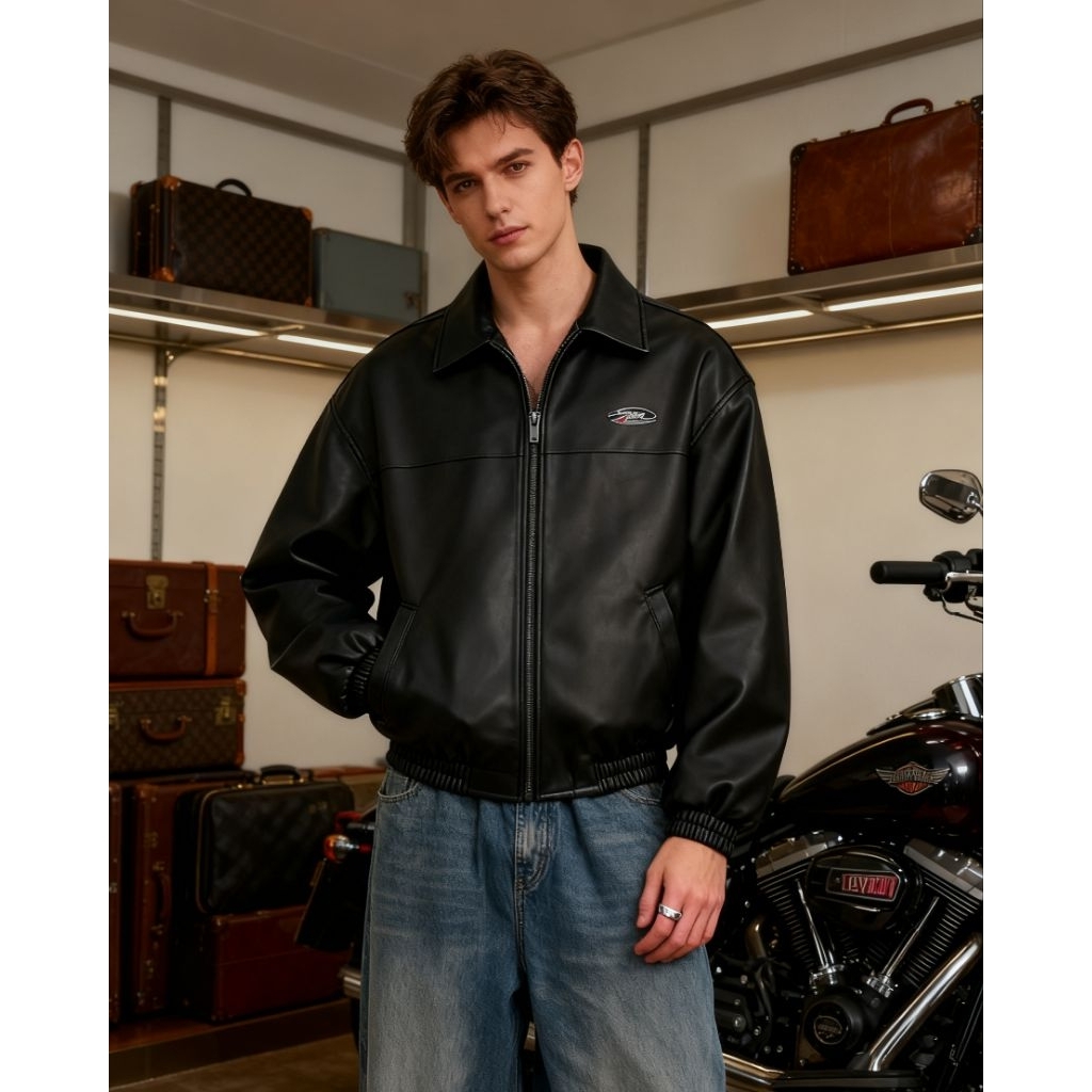 Jaket Kulit Sintetis RVCA-Inspired "Garage Rider" Black Bomber