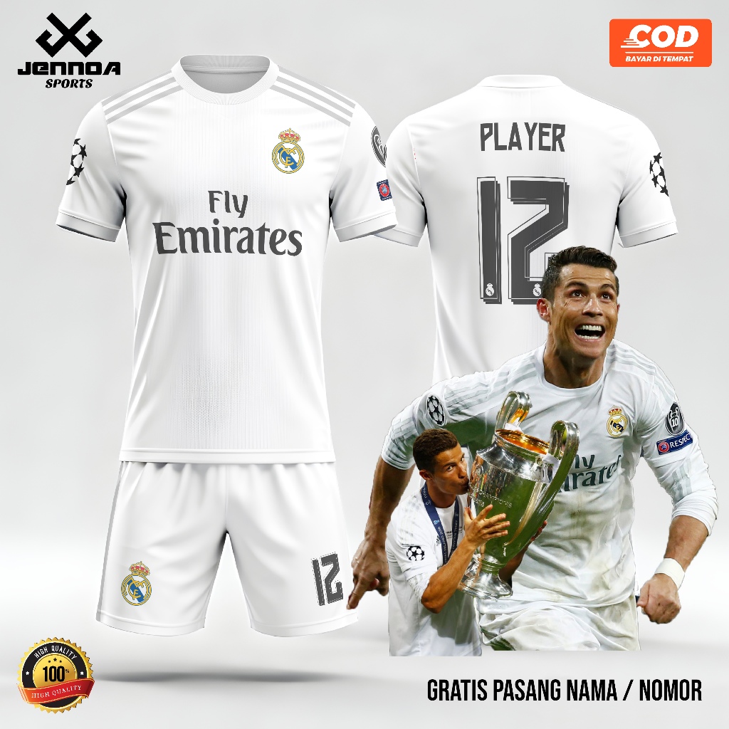 Jersey Real Madrid Home Putih juara UCL 2016 Unisex Fullprint gratis pasang nama dan nomor