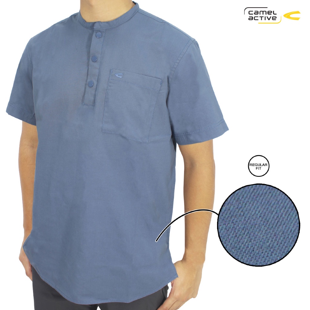 camel active Men's Blue Muji Kemeja Henley Half Placket Shirt with Snap Button- Kemeja koko