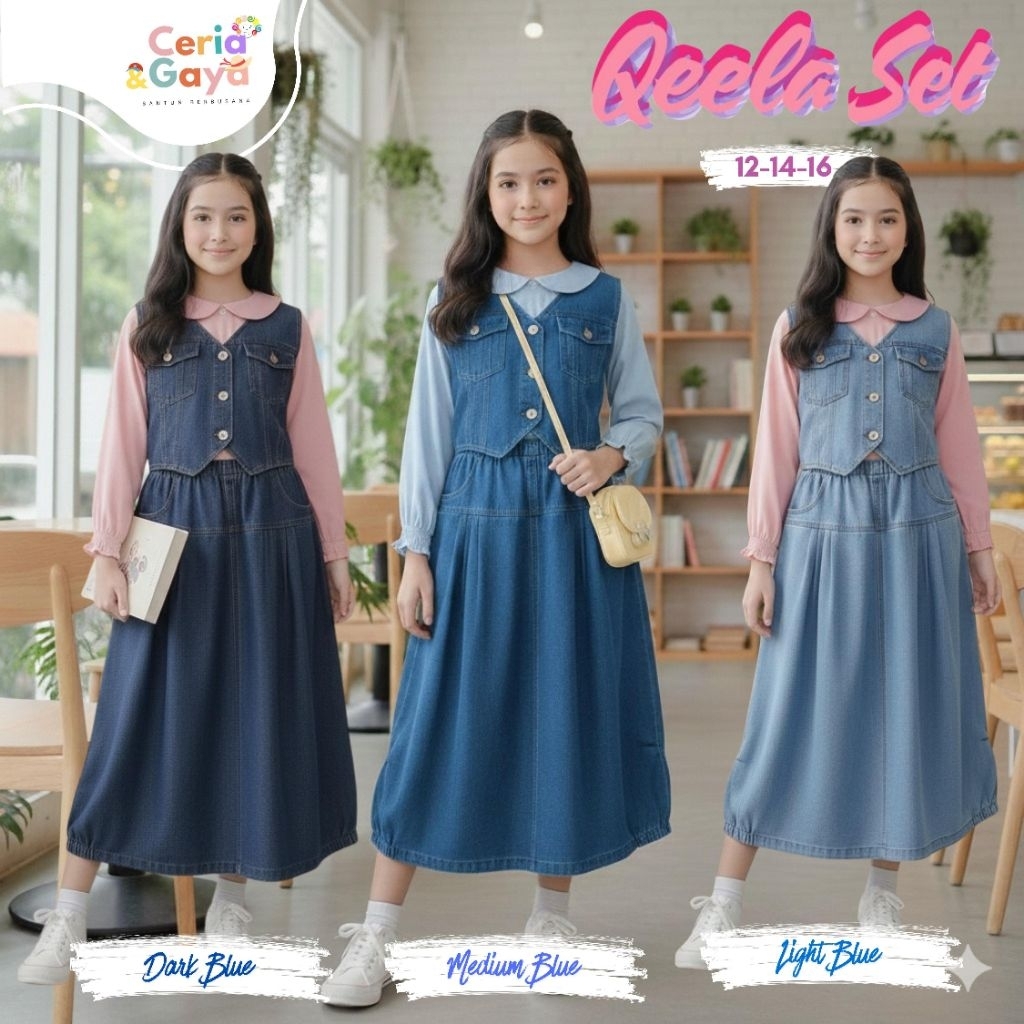 CERIA GAYA QEELA SET ROK KAYLA ANAK PEREMPUAN REMAJA TANGGUNG USIA 12 SAMPAI 15 TAHUN