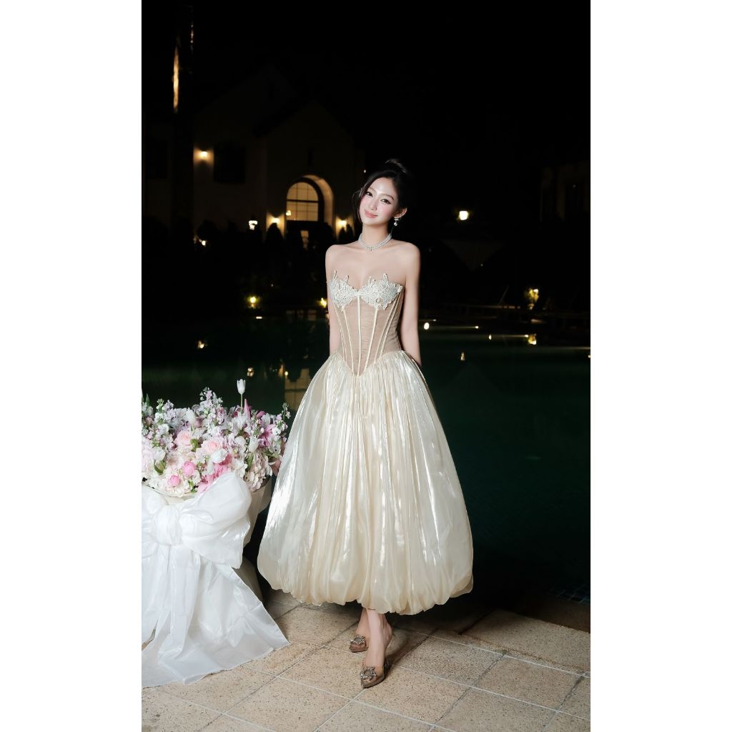 ‼️WITHEURSTYLE‼️LONG DRESS BALON HIGH QUALITY VIETNAM TANPA LENGAN KEMBEN KAIN KACA TRANSPARANT BUNG