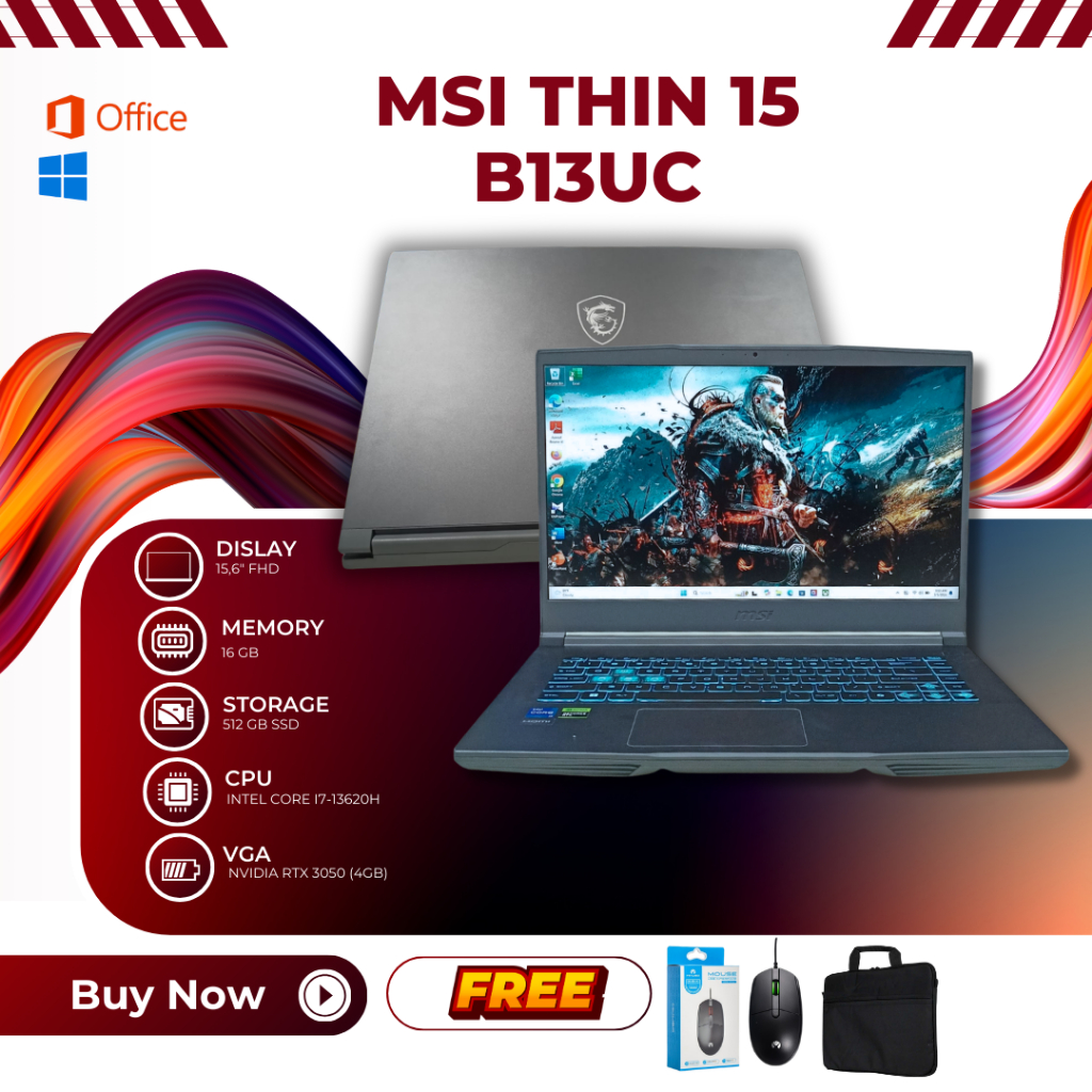 Laptop MSI Thin 15 B13UC Intel Core i7 Gen 13 Ram 8 GB NVIDIA RTX 3050