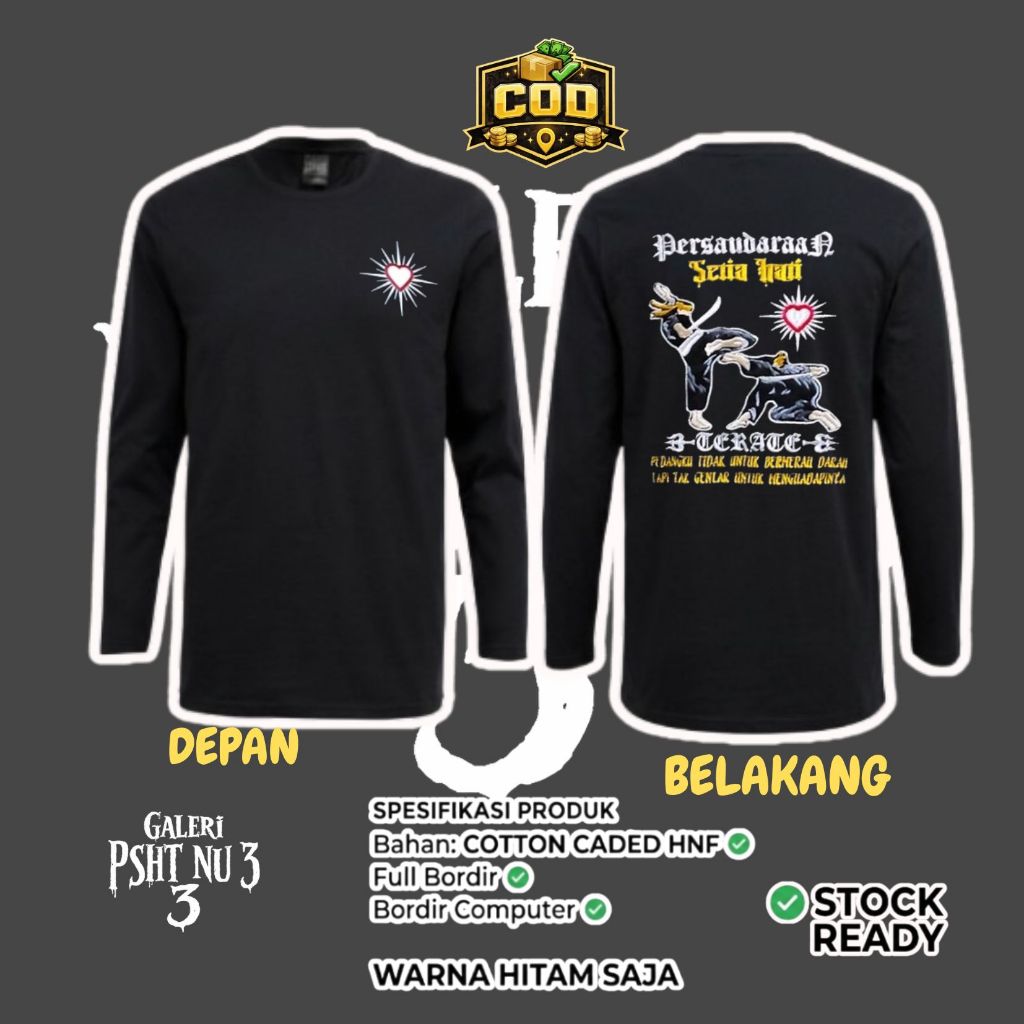 Kaos Lengan Panjang PSHT Terate Bordir Komputer | Baju Silat Persaudaraan Setia Hati Terate Hitam