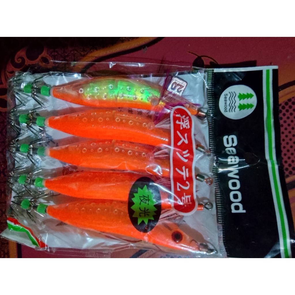 ISI 5 PICK umpan pancing cumi Egi nyala pelangi  kuning dan Oren casting cumi kail cumi sotong squid
