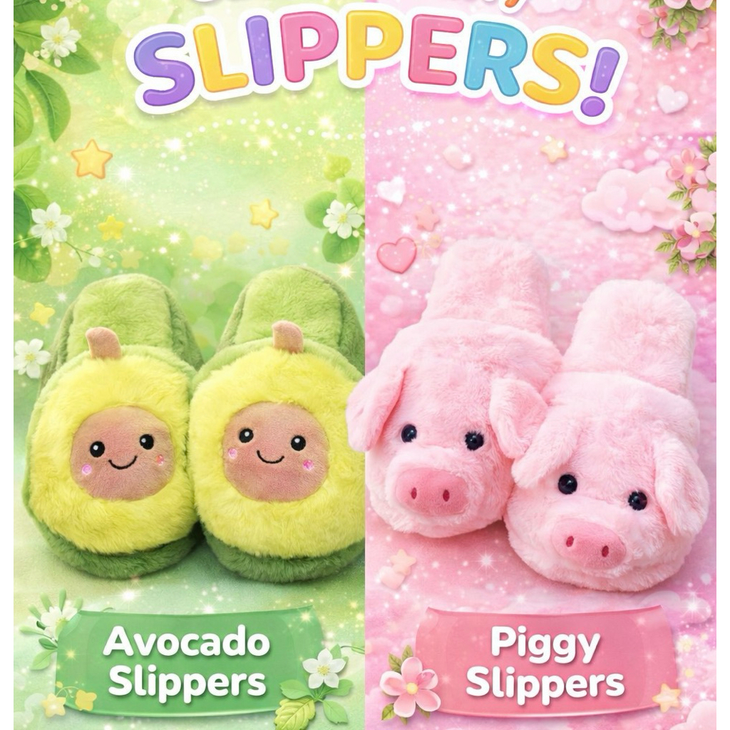 Sandal Rumah Wanita Lucu Karakter Avocado & Piggy – Sandal Bulu Fluffy Empuk