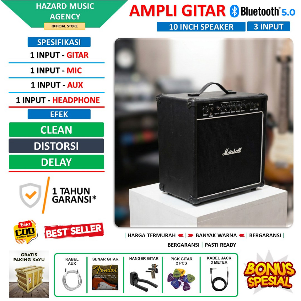 Ampli gitar & bass 10 Inch 3 input bluetooth bisa untuk karaoke ada efek distorsi delay Hitam