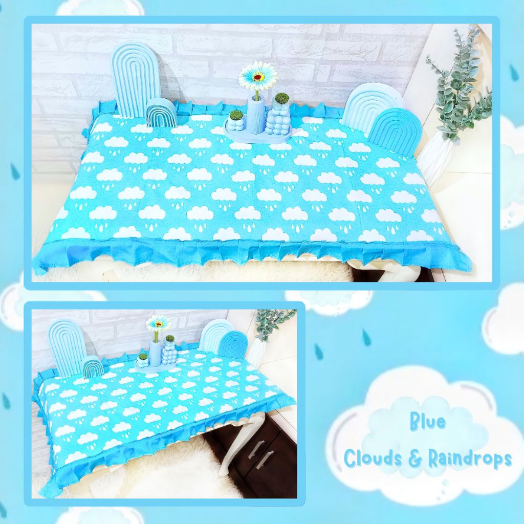 READY Taplak Meja Awan Hujan Cloud Raindrop Biru Putih / Taplak Aesthetic Minimalis Modern Nordic / 