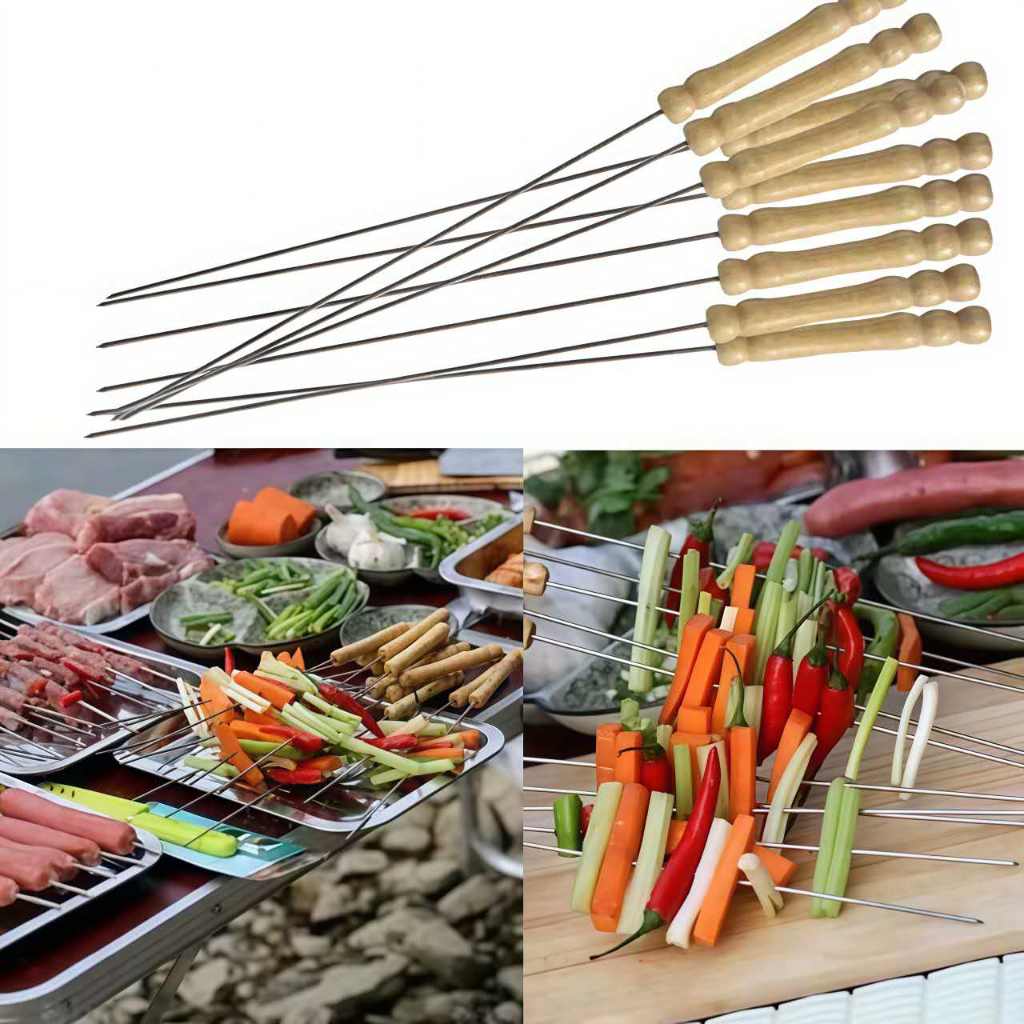 HTF 10 buah tusuk sate barbekyu, peralatan barbekyu baja tahan karat dengan gagang kayu, tongkat ber