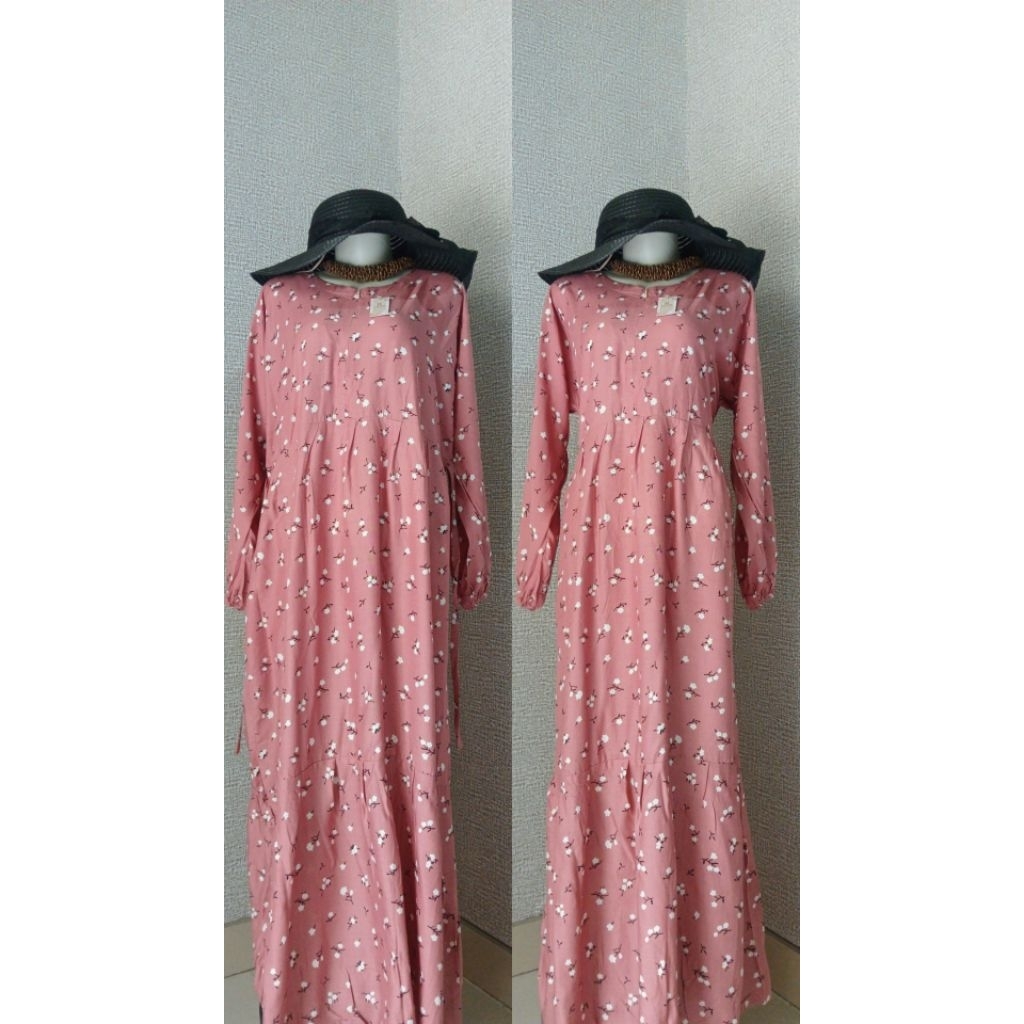Dress Gamis susun Rempel bawah tangan balon ikat belakang Ada saku bahan rayon viscose harga terjang