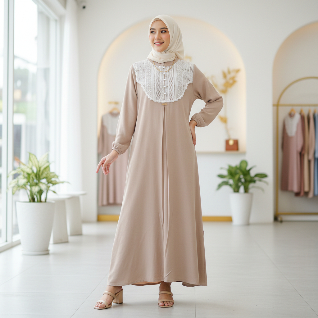 Kirana Dress | Gamis Rayon Premium Mix Brokat Dada Cocok untuk Lebaran Tahun 2025