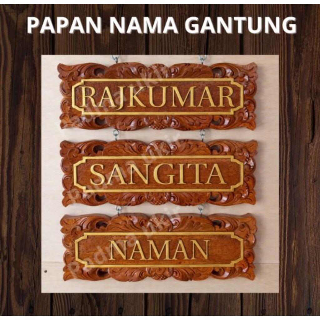 Papan Nama Gantung Ukir Kayu Bali Custom - kayu Mahoni
