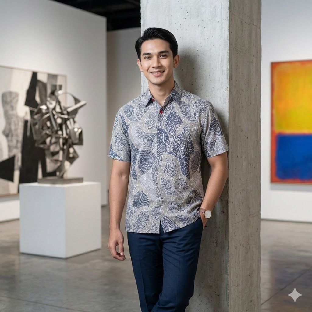 BATIK PERMANA BIRU PUTIH Hem Batik Lurik Pria Bahan Katun Lengan Pendek