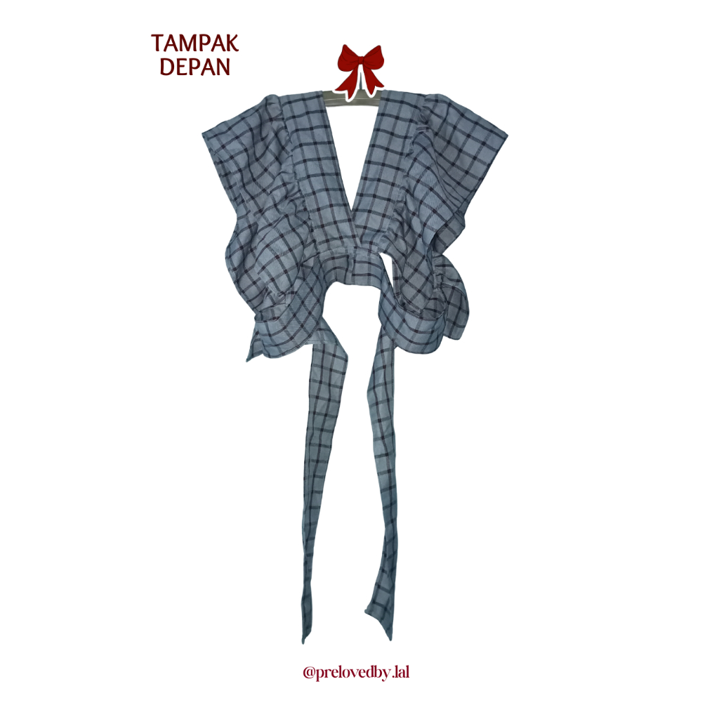 PRELOVED L057 Outer Biru Kotak-Kotak Model Kupu-kupu Butterfly Outer Tali Belakang