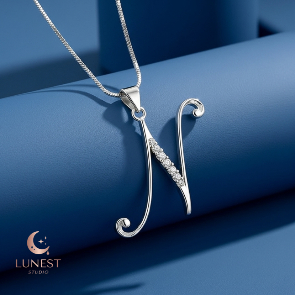 LUNEST - Kalung Wanita Inisial Huruf N Perak 925 Lapis Emas Putih / Liontin Nama / Kado Ulang Tahun 
