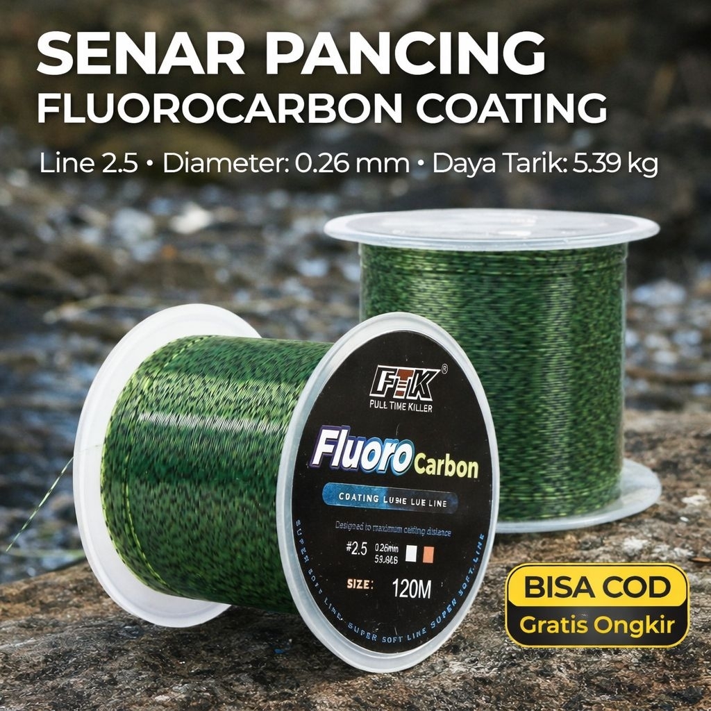 Senar Pancing Fluorocarbon Coating 120M Kuat Anti Kusut Senar Reel Pancing Laut & Air Tawar Daya Tar