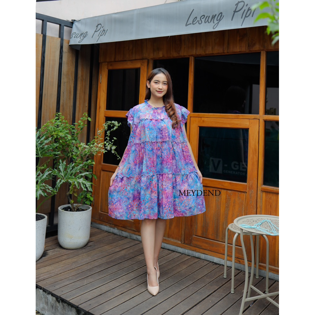 MEYDEND - Mini Dress Cendani Batik Cap Asli Model Rempel Susun Bahan Rayon Premium