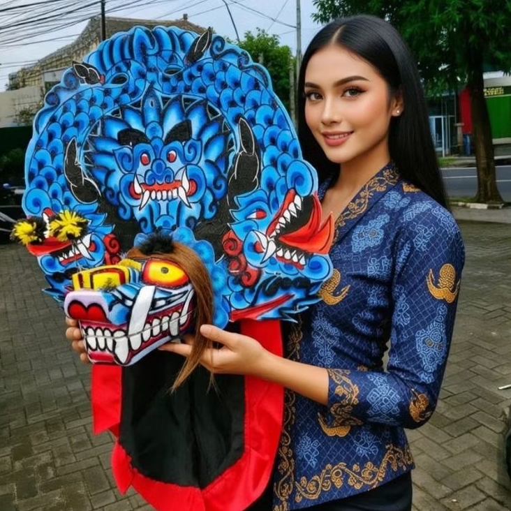 Barongan Reog Ponorogo Hitam Putih Premium – Kepala Barong Kayu Lukis, Kemul Panjang, Bonus Gondel