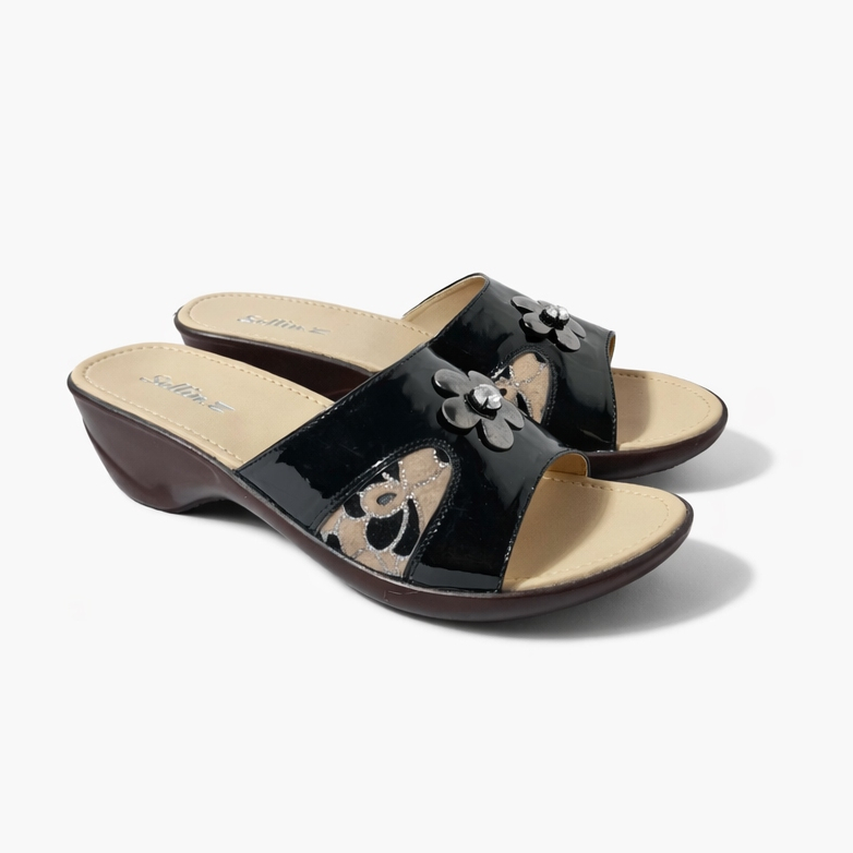 Sandal wanita sendal wedges 3cm / wedges ibu ibu kekinian kondangan / wedges kulit hitam model selop