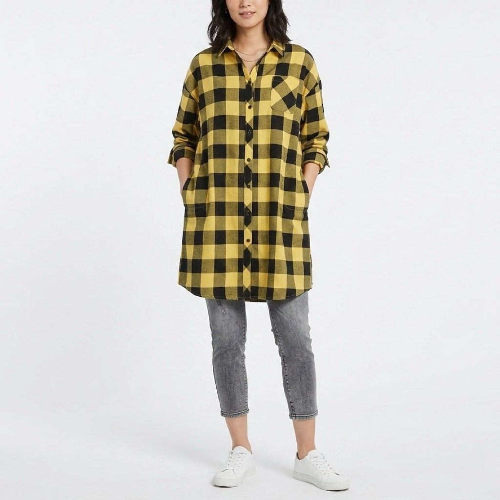 KEMEJA TUNIK KATUN KOTAK CHECKERED KUNING HITAM KOREA IMPORT