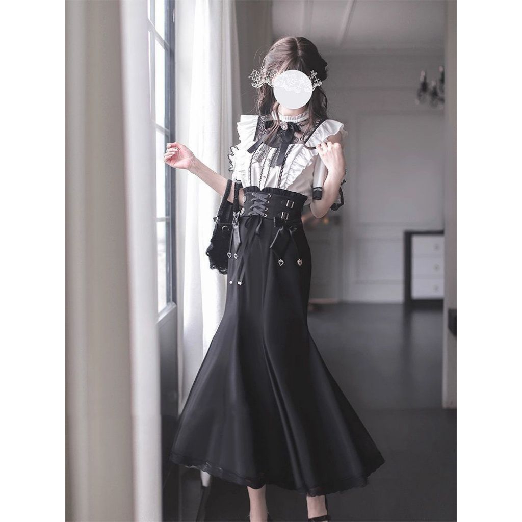 Set Dress Lolita Gothic Kawaii Blouse Lace Ribbon Rok Panjang Harajuku Korean Style Outfit Wanita