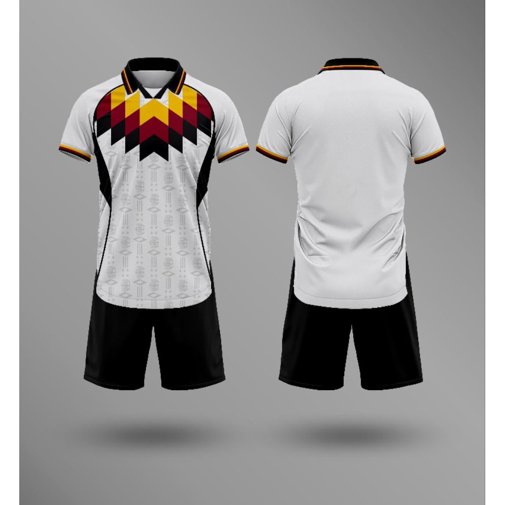 NEW STELAN JERSEY FUTSAL DAN BOLA PRINTING PUTIH HITAM KUNING MERAH MODEL TIMNAS JERMAN
