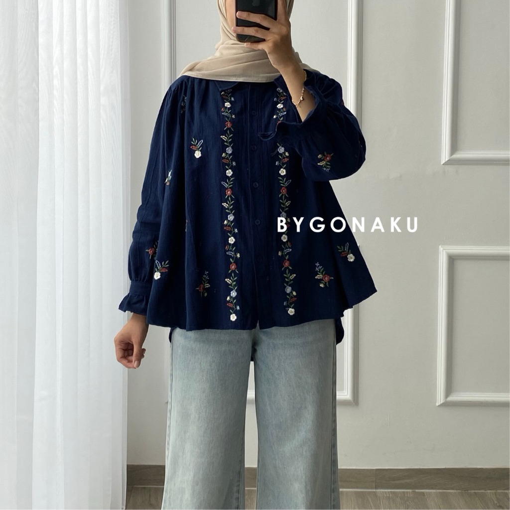 [GONAKU] Vonny Embroidery Basic Shirt | Busui Friendly | Bigsize Oversized Shirt | Kemeja Linen Wani