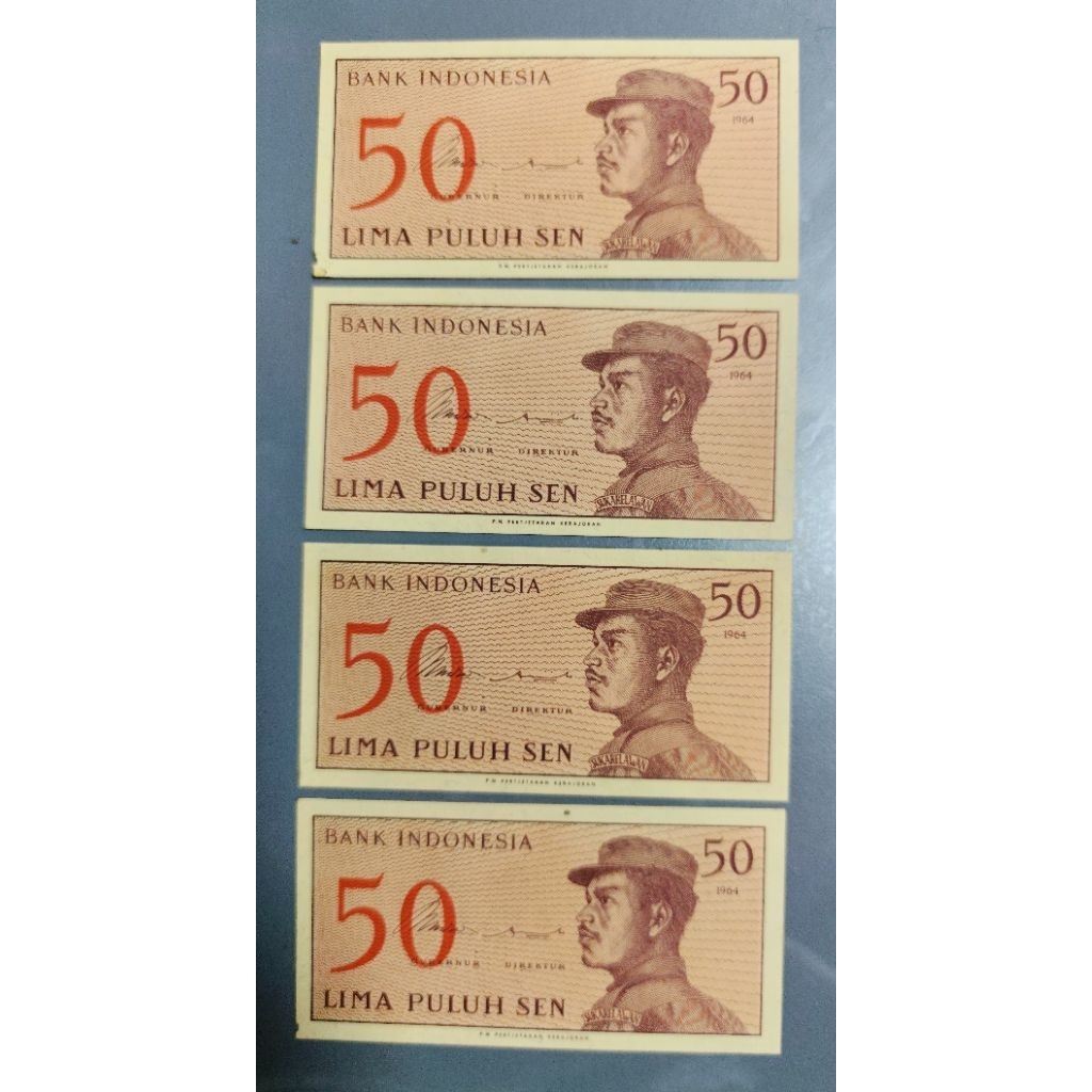 Uang Kuno 50 Sen - seri Relawan ..emisi 1964 ..1 set isi 4 lembar - NOMER SERI URUT .... 100% Asli .