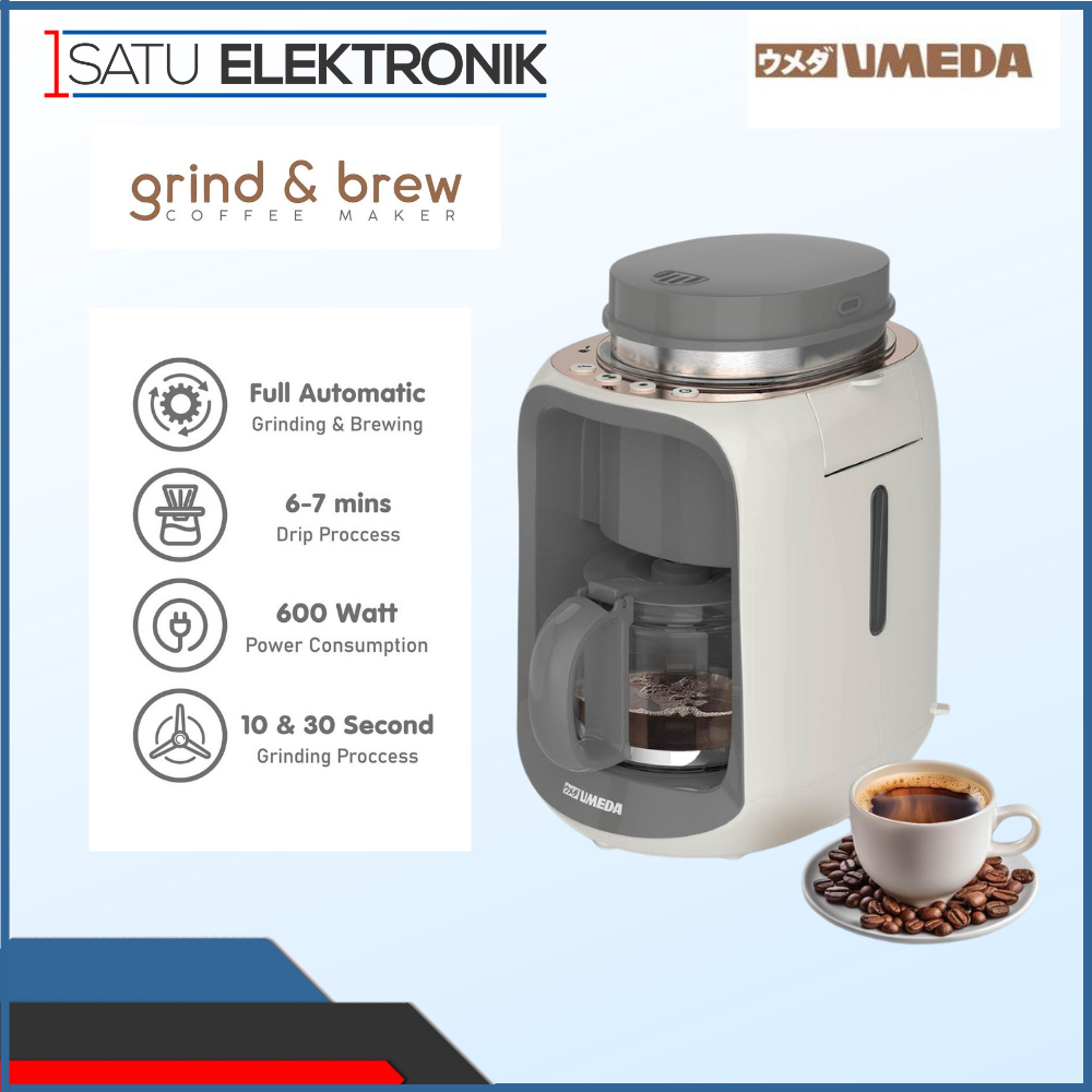 Umeda Grind & Brew Coffee Maker Otomatis Putih Abu-Abu, 600 Watt, Full Automatic
