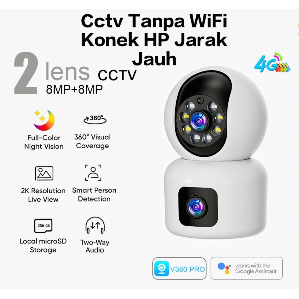 Cctv Dua Lensa Tanpa WiFi Konek HP Jarak Jauh Pakai Kartu Sim 4G V380 FRANWELL HD Indoor
