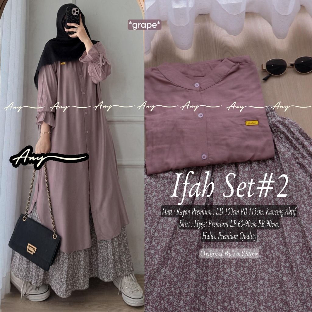 IFAH SET ORIGINAL BY ANY STORE oneset setrok setelan tunik polos rayon dan rok plisket bunga