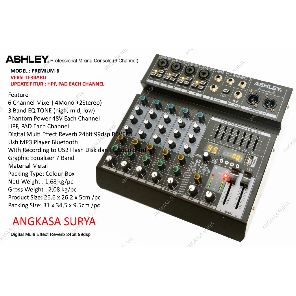 Mixer Audio Ashley Premium 6 Original / Mixer 6 CHANNEL Ashley Premium6 ada HPF, PAD